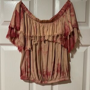 Surf Gypsy Fringed Off-Shoulder Tie-Dye Top